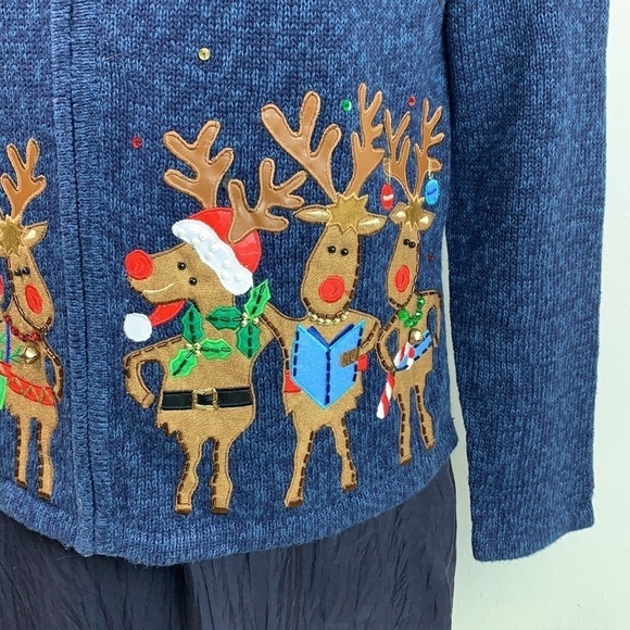Christmas cardigan Rudolph, reindeers cotton zip up appliqué art sweater EUC! - Picture 1 of 11